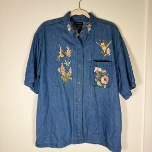 Vintage-Inspired Blue Denim Shirt with Hummingbird & Floral Design Med